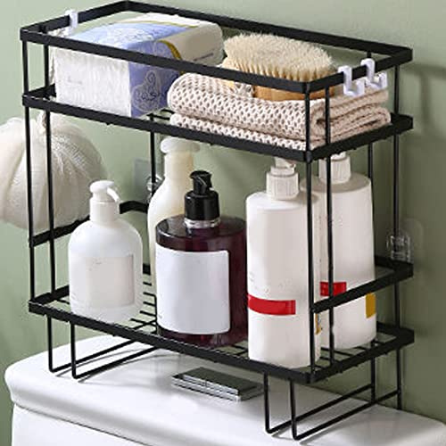 Estante de almacenamiento multifuncional de 2 niveles con soporte para papel higiénico, color negro, sin taladrar, para baño