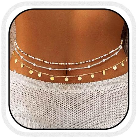 Reaky Catena a vita boho con perline multistrato, paillettes dorate, catena a pancia, 3 pezzi, perle, cinture, catenine per il corpo, gioielli, accessori da donna, Taglia unica, lega, /