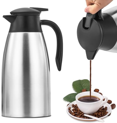2L Thermal Coffee Carafe, Coffee Flask Double Walled Vacuum Jug Stainless Steel with Leak-Proof Lid, Keeping hot 12 h Cold 24 h, Thermal Carafe Flask for Drinks Tea Water, Office Home Outdoor(Grey