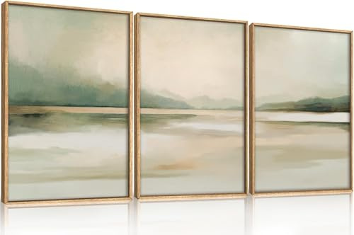 TOARTi Neutral Abstract Framed Wall Art Green Painting 12x16inx3