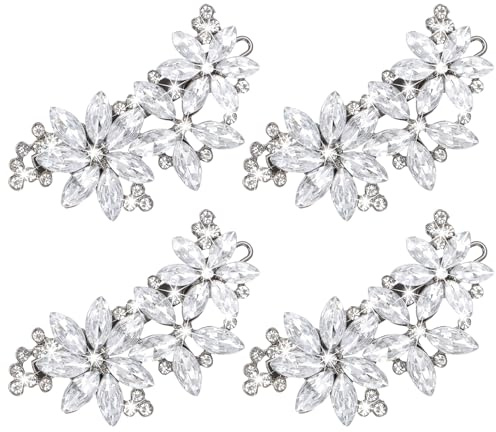Wanmu 4 Pcs Crystal Flower Hair Clips, Silver Rhinestone Bridal Hair Accessories, French Sparkly Floral Wedding Headpiece Pins for Women Brides Prom, Parties, Festivals