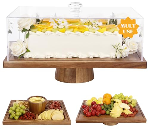 Alzata per torta in legno di acacia con coperchio, rettangolare, 2 in 1 e display da dessert, copertura per torta in acrilico infrangibile (altezza 13 cm), piatto per carcuterie, formaggi, frutta