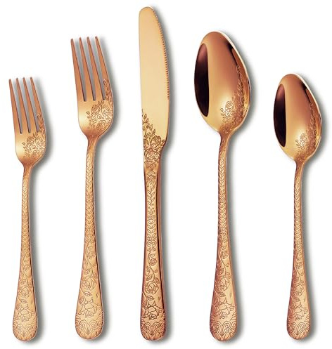 Runfly Modern Carved Floral Rose Gold Stainless Steel 20-Piece Flatware Set