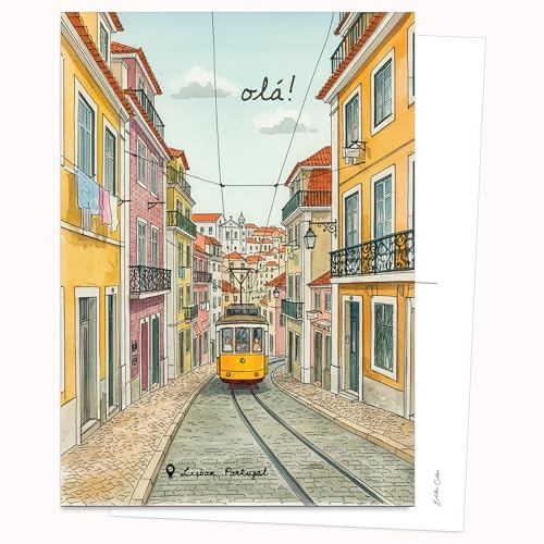 Edition Colibri Postcard - Illustration Tram Lisbon | Set of 10 Flat Cards (A6) - Back for Writing on