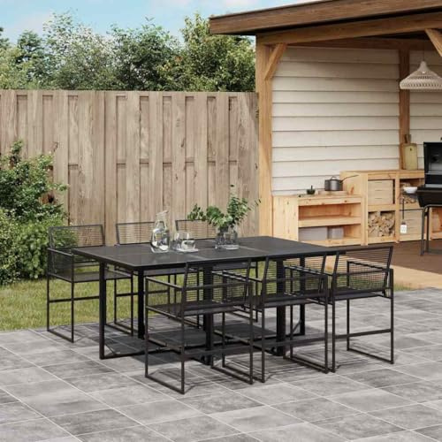 RMIHSJG Salon de jardin 7 pièces en polyrotin noir avec plateau en verre et cadre en acier pour terrasse, extérieur, salon de jardin, groupe de sièges, rotin synthétique