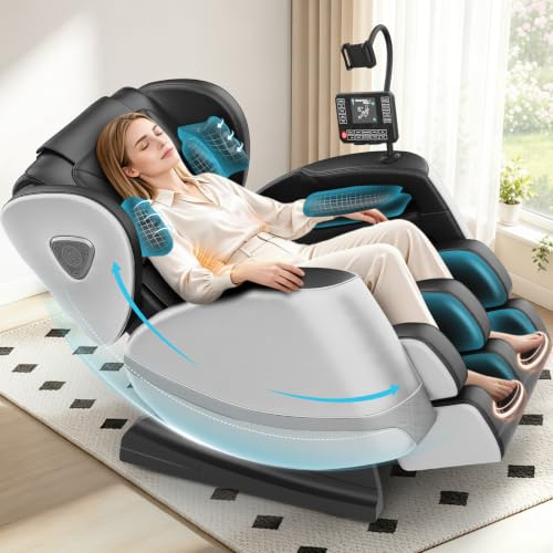 Sillón de Masaje de Cuerpo Entero con Rodillos y Airbags, Función Zero Gravity, Altavoz Bluetooth y Pantalla Táctil, Función de Calor para la Cintura y Las Piernas, y Masaje de pies (Gris Claro)