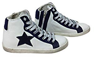 VIA CONDOTTI Scarpe Sneakers Alte Uomo Pelle Bianco Stella Blu Made in Italy