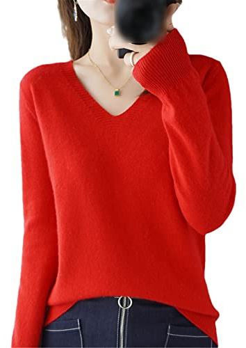 Suéter para mujer, suéter de punto de cachemira, suéter de cuello en V, casual, suave, delgado, básico, suéter, rosso, M