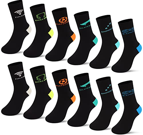 L&K-II Lot de 12 chaussettes pour garçons en coton haut de gamme avec motif de football et de basket-ball multicolores 2874 39-42