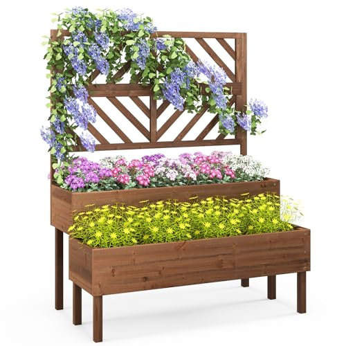 GOPLUS 2 Etagen Hochbeet mit Rankgitter, Pflanzkasten mit Rankhilfe, Gartenspalier Blumenkasten mit Entwässerungsloch für Kletterpflanzen Blumen (Braun)