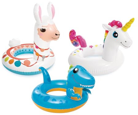 Intex 59221NP - Aufblasbarer Schwimmring Tiere Assortiert, 1 Stück, Vinyl, Mehrfarbig, Dinosaurier 81x58 cm, Lama 85x58 cm, Einhorn 107x58 cm