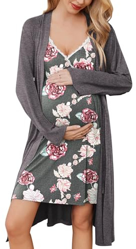 Ekouaer Maternity Nursing Gown and Robe Set Nursing 3 In 1 Labor Delivery Nightgowns for Hospital Breastfeeding Gowns Grey Flower Large
