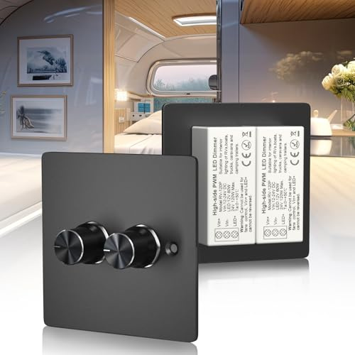 Lustaled 12 V dimmer-brytare, DC 12 V/24 V dubbel dimmer-ljusbrytare, 2 växlar 120 W 5 A PWM svart dimmerbrytare, tryck på/av vridbrytare 3 %– 100 % dimbar för
