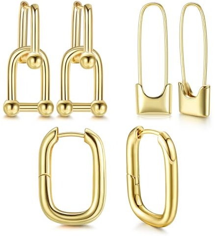 Adramata 3 Pairs Gold Hoop Earrings for Women Girls 14k Gold Plated U Shape Pin Chunky Earring Link Earrings Paperclip Link Chain Earrings Drop Dangle Earrings Set,G