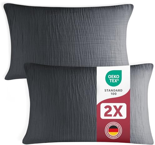 Blumtal Musselin Kissenbezug 40x80 cm 2er Set - Oeko-TEX zert. Musselin Kopfkissen 40x80 Bezug 100% Baumwolle - weiches Kissen-Set waschbar bei 40 °C - atmungsaktive Sommer Kissenbezüge Anthrazit