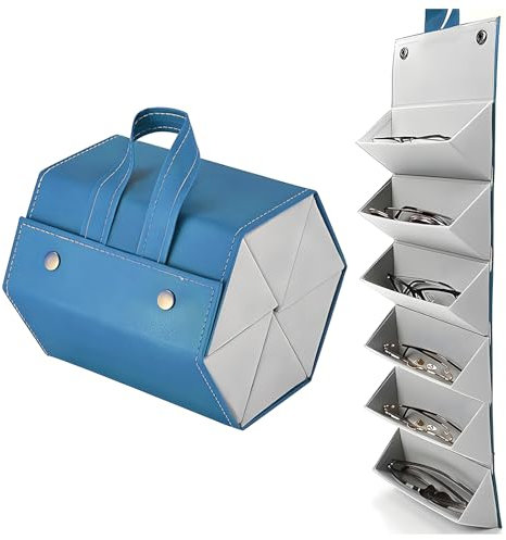 Scatola Portaoggetti Occhiali da Sole, Scatola Portaoggetti Occhiali 6 Scomparti Organizzatore per Occhiali Sole Custodia Occhiali in Pelle Occhiali Organizer da Viaggio(Specchio Blu)