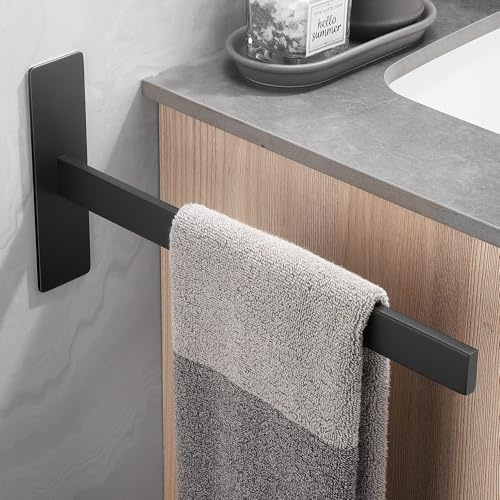 Dvocel Toallero sin Taladro Autoadhesivo 38cm – Barra de Toallas de Acero Inoxidable Cepillado Negro, Rectangular, de Un Brazo, Montaje en Pared para Baño y Cocina