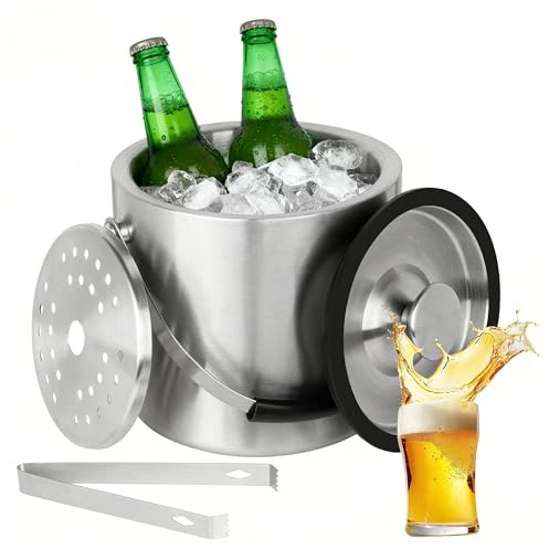 DUBUOZA 2.0L Seau à Glace en Acier Inoxydable, Bac a Glacons avec Couvercle, Seau à Glace avec Couvercle et Clip a Filtre, Champagne Cooler, pour Bar Fêtes Barbecues,Pique-niques, Bar