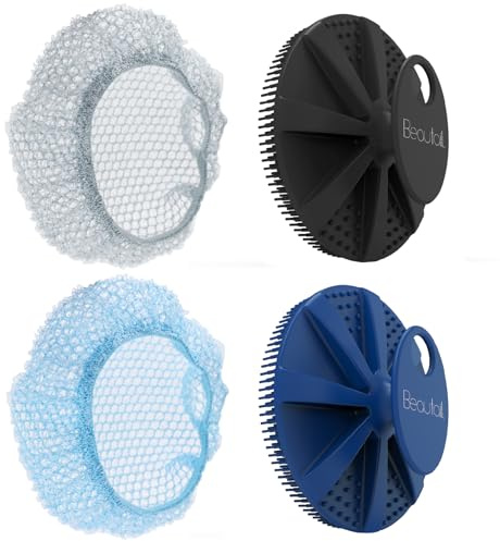 BEAUTAIL Silicone Body Scrubber and Scrub Net Set, 4 Pack for Rich Lather | Gentle Silicone Shower Brush or Firmer Exfoliating Bath Net, Deep Cleansing & Exfoliation, 2 Brushes + 2 Nets for Men & Women