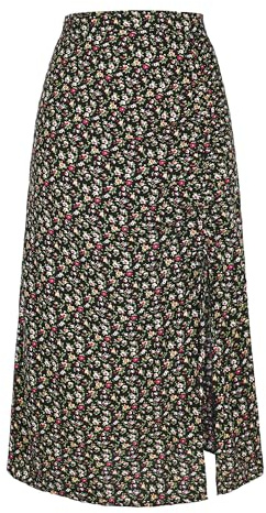 Allegra K Falda a Media Pierna Floral con Abertura en la Parte Delantera Fruncida de Verano para Mujer Negro Amarillo S