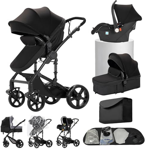 Passeggino trio, Passeggino 3 in 1, Navicella neonato, Sistema da viaggio e seggiolino auto, per neonati bambini 0-36 mesi (Nero)