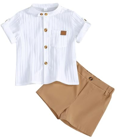 LUVCES Conjunto Ropa para Niños Pequeños Manga Larga Camisa Abotonada Tops y Pantalones Cortos con Botones y Bolsillos 2 Piezas Verano Chándal Traje Blanco 6-9 Meses