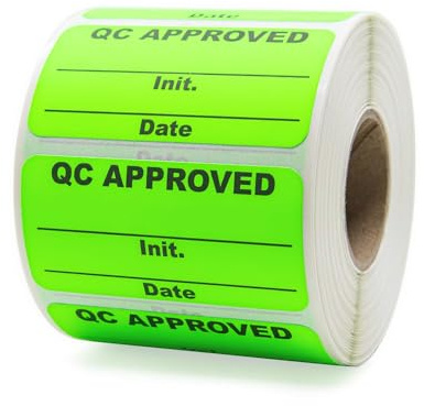 QC Approved Quality Control Labels, 2 x 1, Bright Green, 500 Labels per Roll, Permanent Adhesive for Inspection & Inventory Use