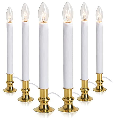 TUDAK Electric Christmas Window Candle Lamp - 6-Pack | Brass-Plated Base with LED Bulbs | Dusk-to-Dawn Auto Sensor | Turns On in Dark, Off in Light | Ready to Use!