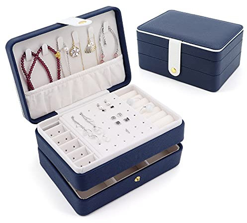 Beowanzk Porta Gioielli Donna Scatola Portagioie Ragazza Portagioielli da Viaggio Organizer Gioielli Bambina per Anelli Orecchini Collane Bracciali,Organizzatore Gioielli Pelle 3 Livelli(Blu)