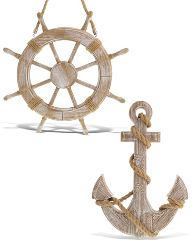 CoTa Global Baja Beach - Juego de ancla y rueda de barco para decoración de pared, ancla y rueda de madera hechos a mano y hechos a mano con cuerdas para colgar, decoración del hogar temática náutica
