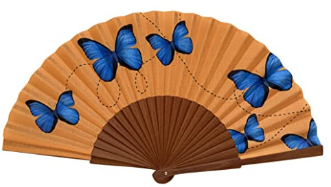 Tusitala Barcelona Ventaglio in Legno e Cotone Farfalla Blu - 100% Artigianale e Spagnolo - Include Custodia in Iuta Naturale - Accessorio di Moda Fatto a Mano - Misura 23 cm.