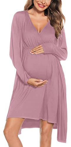 SWOMOG Womens 3 in 1 Delivery Labor Maternity Nightgowns Long Sleeve Robes and Sleeveless Gown Nursing Nightdress Hospital Breastfeeding Dress