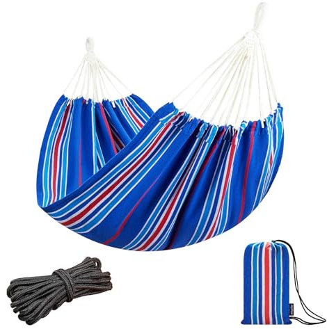 JoyView Brasiliansk hängmatta för en person, bärbar hängmatta med upphängningsrep och bärväska, stor, 200 x 100 cm bomullshängmatta för uteplats, 136 kg kapacitet, perfekt för användning på
