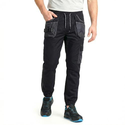 DINOZAVR Revolt Sport Pantalon De Travail Homme - Pantalon Homme Sportif en Matière Extensible avec Élasthanne, Triple Couture, Détails Réfléchissants, Ceinture Élastique Noir L