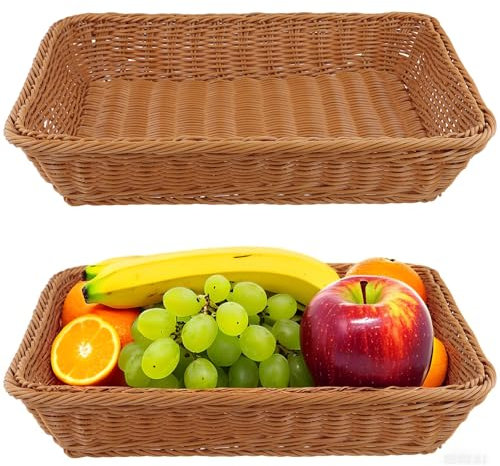 MOUYAT 2 Pack Wicker Bread Basket, 40x30x8 cm Rectangular Food Serving Basket, Brown Plastic Wicker Baskets for Serving, Display, Vegetables, Home Kitchen, Restaurant