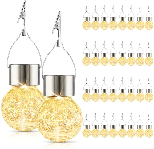 Solar Lights Outdoor Decorative 32 Pack, Hanging Solar Garden Lights Waterproof, Solar Powered Globe Lantern Cracked Glass Ball Lights for Yard Patio Fence Tree Umbrella Holiday Decoration, Warm White