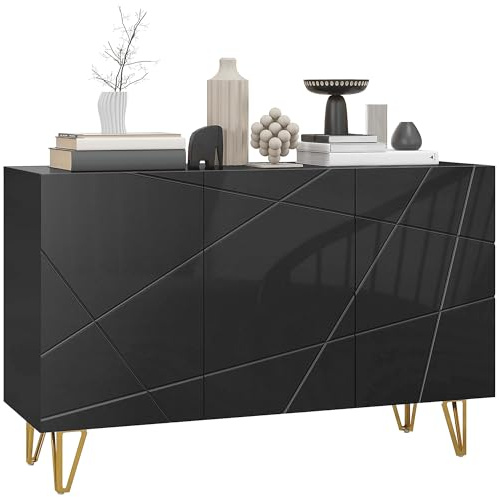 HOMCOM Aparador para Salón Aparador de Entrada con 3 Puertas y Estantes Ajustables Armario de Almacenamiento para Cocina Sala 120x40x75 cm Negro Brillo