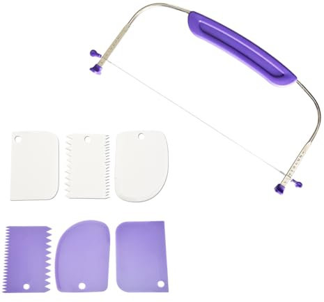 Cake Leveller Professional Cake Slicer Cake Cutter Stainless Steel Wires and Purple Handle with 3 PCS Cream Scrapers for Kitchen Accessories Baking Tools