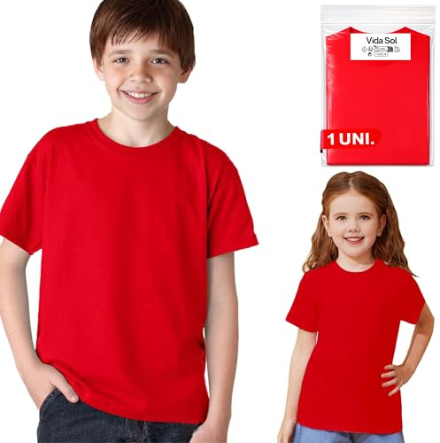 Vida Sol T-Shirt Enfant 100% Coton, Unisexe, Manches Courtes, Col Rond, 1 Unité, Doux et Respirant, Design Basique et Confortable, Idéal pour Un Usage Quotidien, Taille 14-15 Ans, Rouge, XL