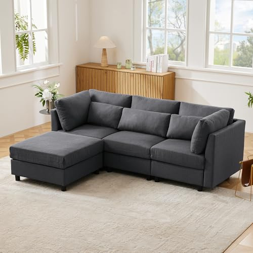 Laxnb 3 Sitzer Sofa, Modernes Dreiersofa mit Fußhocker, Bequeme Couch, L-förmiges Ecksofa, Wohnzimmersofa Polstermöbel, Stoffsofa geeignet für Wohnzimmer Büro, Baumwoll-und Leinenstoffe (Grau)
