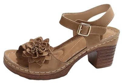 Sandaletter dam med klack, damsandaler med fotbädd komfortsandaler hälhöjning remsandal spänne retro sandaler blommor utomhussandaler lätta lädersandaler öppna strandskor