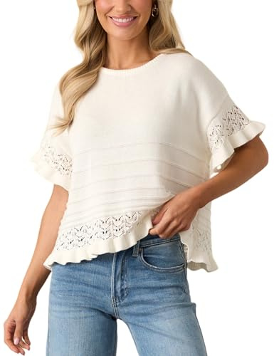 Yeokou Womens Short Sleeve Sweater Round Neck Ruffled Hem Knit Crochet Pullover Summer Fall Casual Top Blouse(White-L)