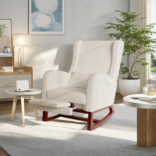 Sillón basculante de lactancia terciopelo, cojín lumbar y bolsillo lateral, Rocking Chair madera interior