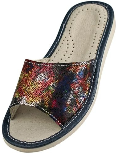 APREGGIO Zapatillas de Casa de Verano de Piel para Mujer 36 a 41 EU | Piel lisa, suela de goma, suela de cuña, puntera abierta, hecho a mano