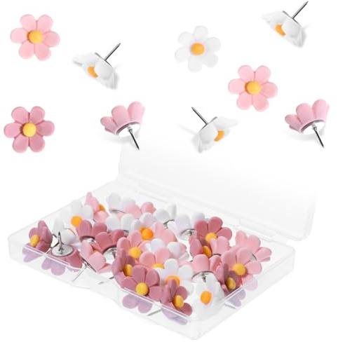 30 st söta tryckstift blomma tryckstift för kork board boho dekorativa blommiga tumspetsar för anslagstavla foton väggkartor kontor skolmaterial jul heminredning rosa vit