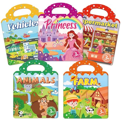 Libri Stickers Bambini Attacca e Stacca – Set 5 Libri Adesivi Riutilizzabili Jelly per 2 3 4 Anni, Libro Adesivi per Bambini Maschio e Femmina, Temi Fattoria Animali Principessa Veicoli Supermercato