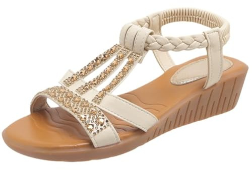 Damsandaler strass glitter sommar sandaler med kilklack, damer strandskor sommar fiskmun kilsandaler justerbara T-remmar fritidsskor tjock sula sommarsandaler