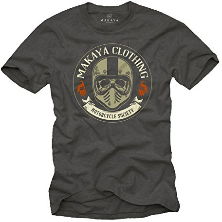 MAKAYA Maglietta Clothing - The Motorcycle Society - Skull Casco Motocross T-Shirt Uomo Grigio XL