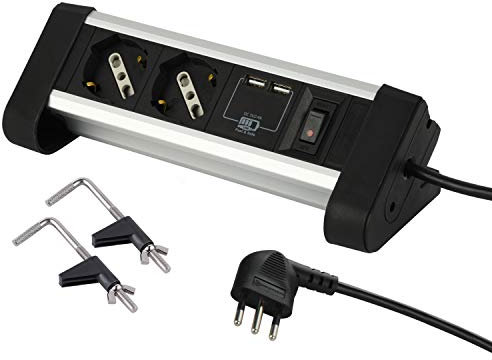 Electraline 62092 Multipresa Posti Polivalenti, Schuko + 10/16 A, con 2 USB 2.4 A, Inclusi 2 Supporti per Fissaggio alla Scrivania, Nero