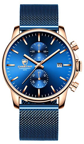 GOLDEN HOUR Orologi da polso da uomo, alla moda, sportivi, analogici, al quarzo, in acciaio inox, impermeabile, cronografo, data automatica, lancette blu/rosso/oro Oro rosa e blu.